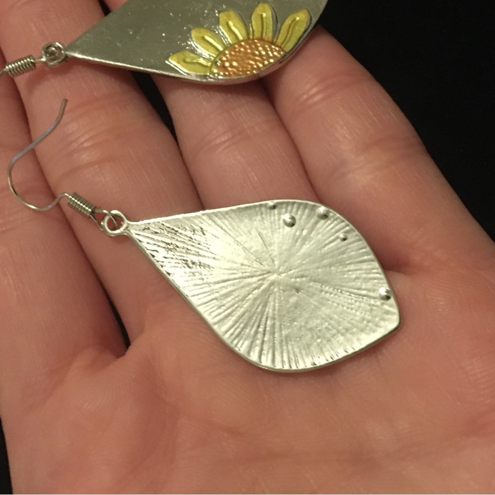 Sunflower Silver Tone Dangle Earrings - Picture 5 of 8